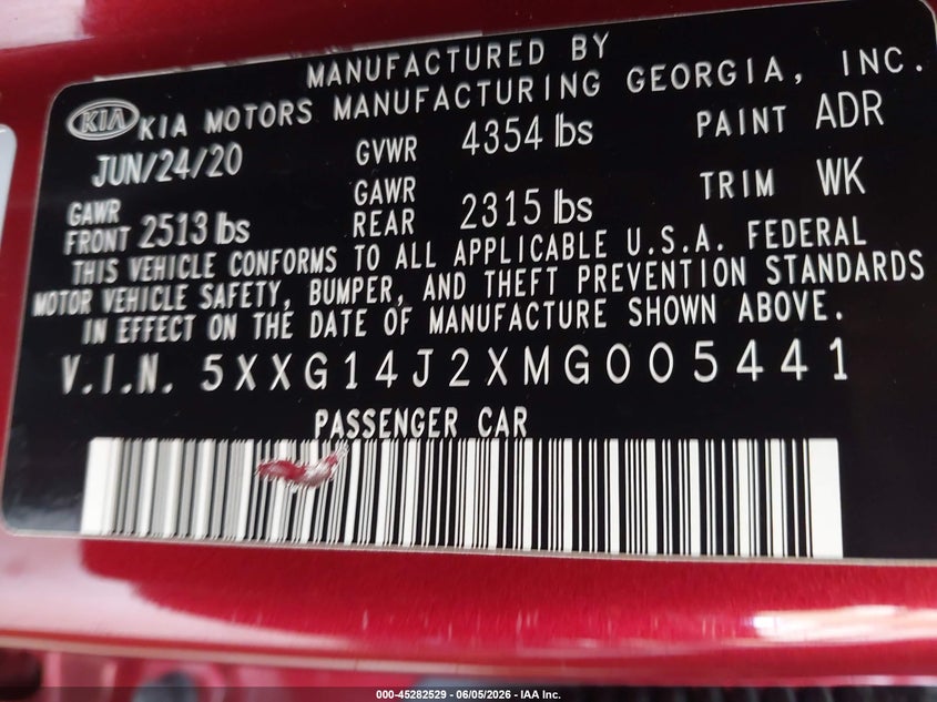 2021 Kia K5 VIN 5XXG14J2XMG005441 IAAI salvage auction — REAR END, Salvage Title, sold $4,700 on 2026-07-13 (photo 9)