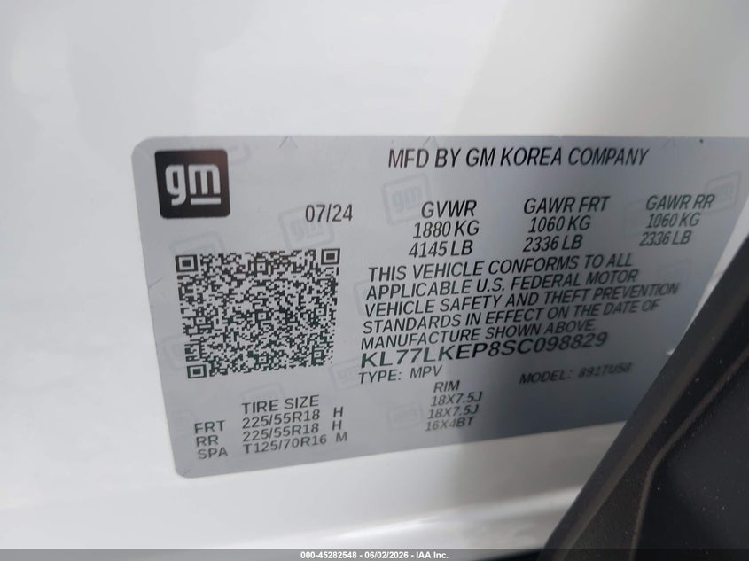 2025 Chevrolet Trax VIN KL77LKEP8SC098829 IAAI salvage auction — FRONT & REAR, Salvage (Georgia), sold $6,100 on 2026-07-28 (photo 9)