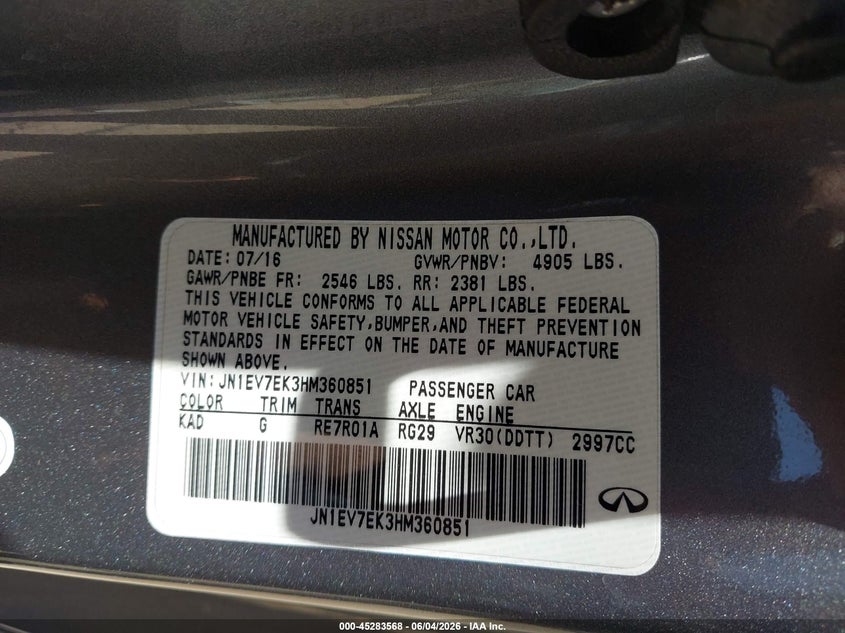 2017 Infiniti Q60 VIN JN1EV7EK3HM360851 IAAI salvage auction — FRONT END, Salvage Title, sold $3,250 on 2026-07-21 (photo 9)