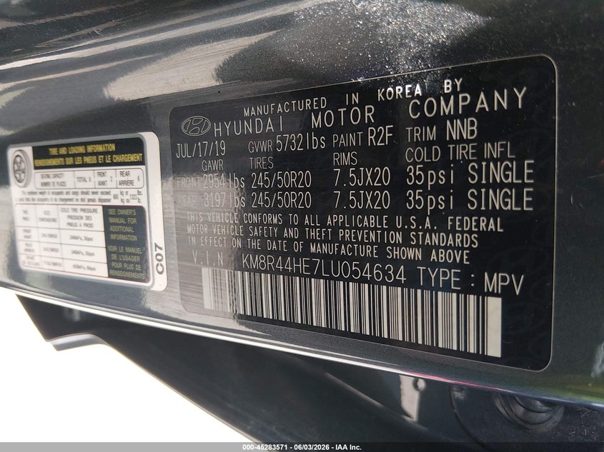 2020 Hyundai Palisade VIN KM8R44HE7LU054634 IAAI salvage auction — FRONT END, Salvage Title, sold $3,450 on 2026-07-28 (photo 9)