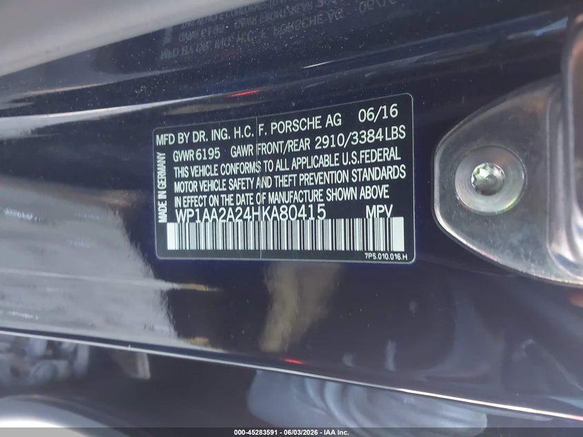 2017 Porsche Cayenne VIN WP1AA2A24HKA80415 IAAI salvage auction — FRONT END, Salvage (Virginia), sold $25 on 2026-08-08 (photo 9)