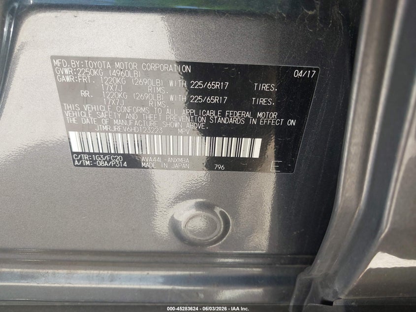 2017 Toyota Rav 4 VIN JTMRJREV6HD123223 IAAI salvage auction — WATER/FLOOD, Salvage Title, sold $25 on 2026-07-24 (photo 9)