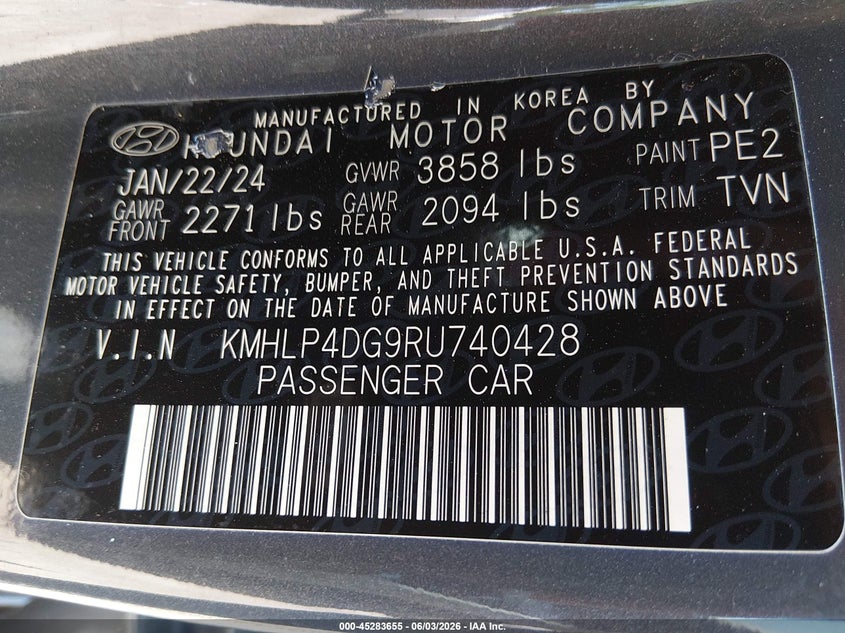 2024 Hyundai Elantra VIN KMHLP4DG9RU740428 IAAI salvage auction — FRONT END, Salvage Title, sold $2,000 on 2026-07-28 (photo 9)