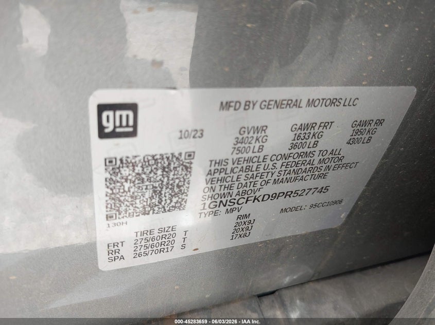 2023 Chevrolet Suburban VIN 1GNSCFKD9PR527745 IAAI salvage auction — ROLLOVER, Salvage (Texas), sold $8,300 on 2026-07-28 (photo 9)