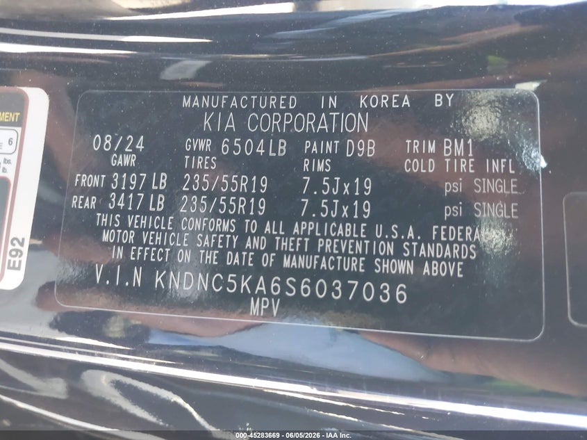 2025 Kia Carnival VIN KNDNC5KA6S6037036 IAAI salvage auction — SIDE, Salvage Title, sold $14,950 on 2026-07-15 (photo 9)