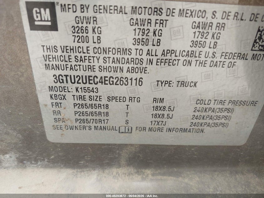2014 Gmc SIERRA VIN 3GTU2UEC4EG263116 IAAI salvage auction — FRONT END, Salvage Title, sold $1,300 on 2026-07-29 (photo 9)
