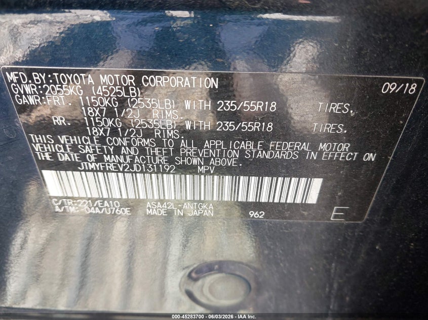 2018 Toyota Rav 4 VIN JTMYFREV2JD131192 IAAI salvage auction — RIGHT SIDE, Salvage Title, sold $6,600 on 2026-07-16 (photo 9)