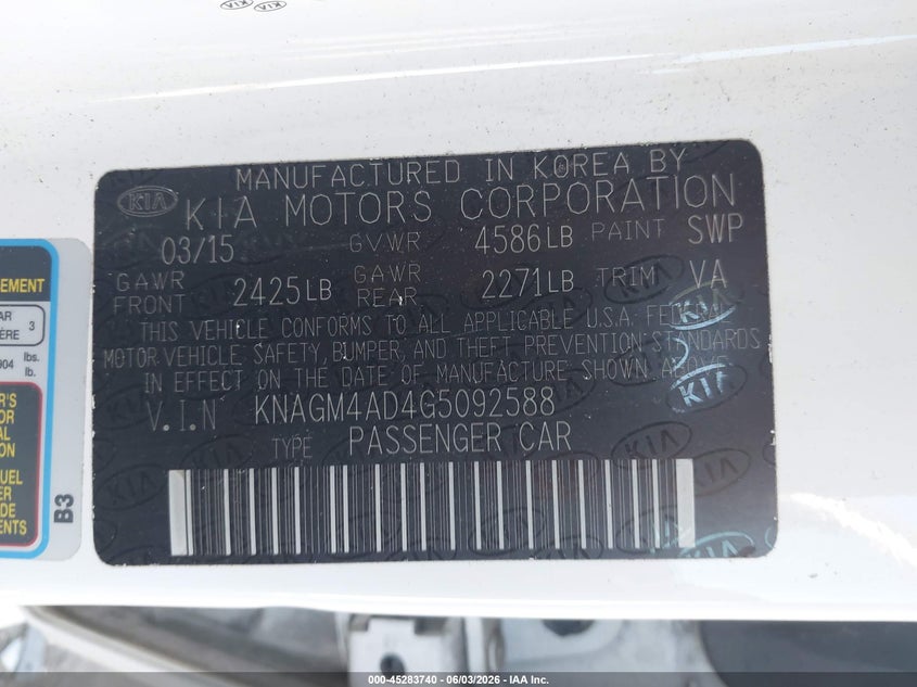 2016 Kia Optima VIN KNAGM4AD4G5092588 IAAI salvage auction — SIDE, Clear (Virginia), sold $1,100 on 2026-07-25 (photo 9)