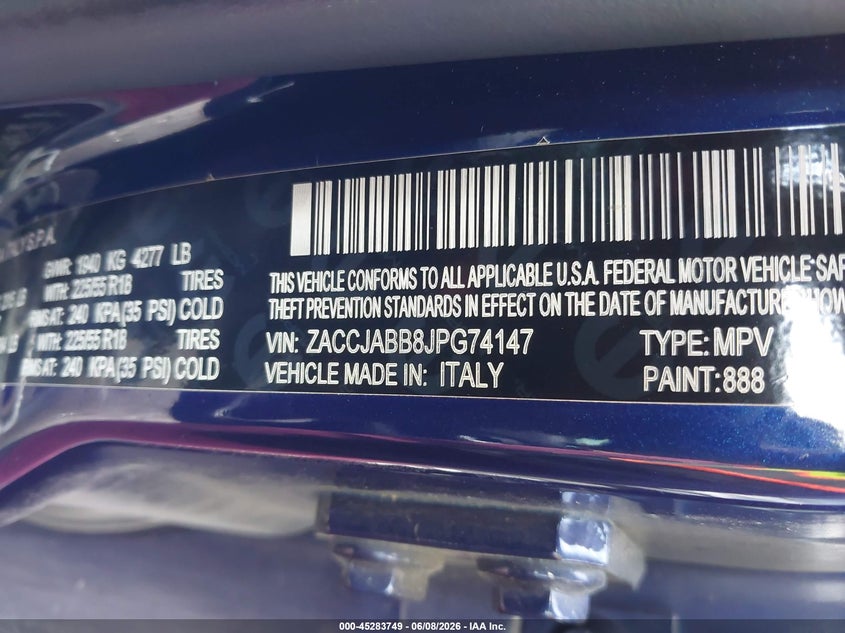 2018 Jeep Renegade VIN ZACCJABB8JPG74147 IAAI salvage auction — NORMAL WEAR, Salvage Title, sold $1,200 on 2026-07-07 (photo 9)