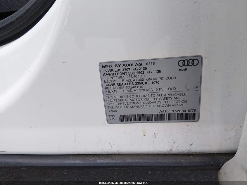 2016 Audi Q3 VIN WA1BFCFS2GR018775 IAAI salvage auction — NORMAL WEAR, Salvage Title, sold $1,200 on 2026-07-20 (photo 9)