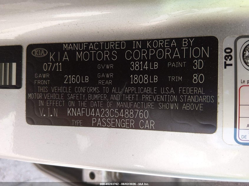 2012 Kia Forte VIN KNAFU4A23C5488760 IAAI salvage auction — NORMAL WEAR, Clear (Tennessee), sold $675 on 2026-07-08 (photo 9)