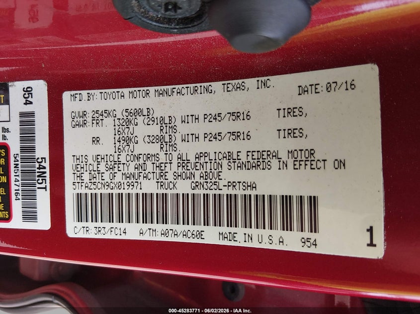 2016 Toyota Tacoma VIN 5TFAZ5CN9GX019971 IAAI salvage auction — FRONT END, Salvage (Georgia), sold $8,700 on 2026-07-30 (photo 9)