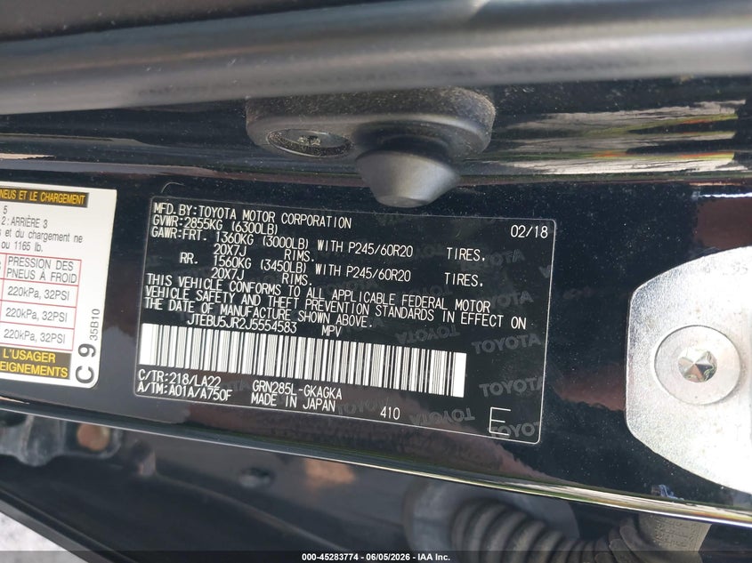 2018 Toyota 4runner VIN JTEBU5JR2J5554583 IAAI salvage auction — REAR END, Salvage Title, sold $16,100 on 2026-07-22 (photo 9)