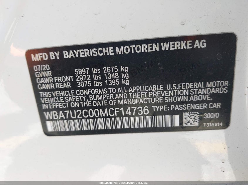2021 BMW 7er VIN WBA7U2C00MCF14736 IAAI salvage auction — FRONT END, Salvage Title, sold $25,550 on 2026-07-07 (photo 9)