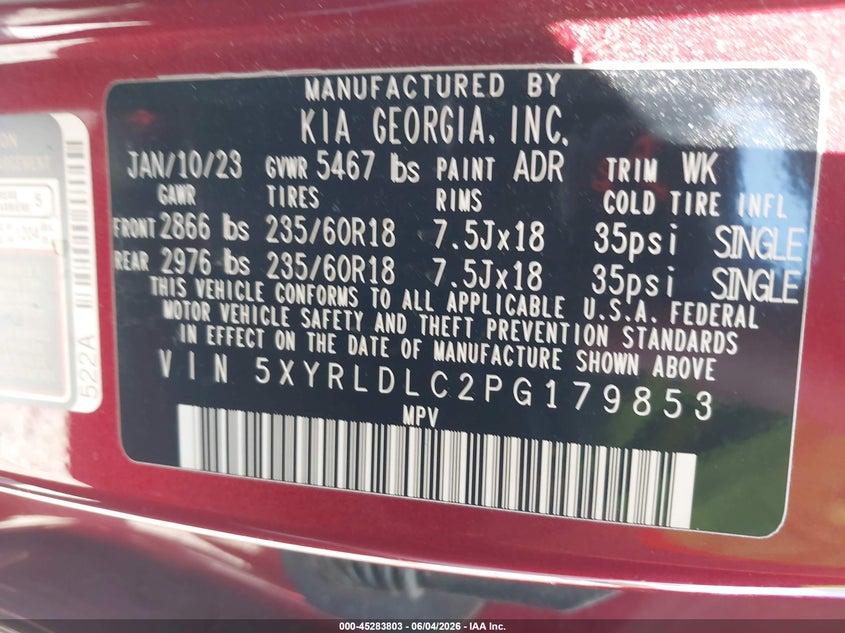 2023 Kia Sorento VIN 5XYRLDLC2PG179853 IAAI salvage auction — RIGHT FRONT, Salvage (North Carolina), sold $8,650 on 2026-07-24 (photo 9)