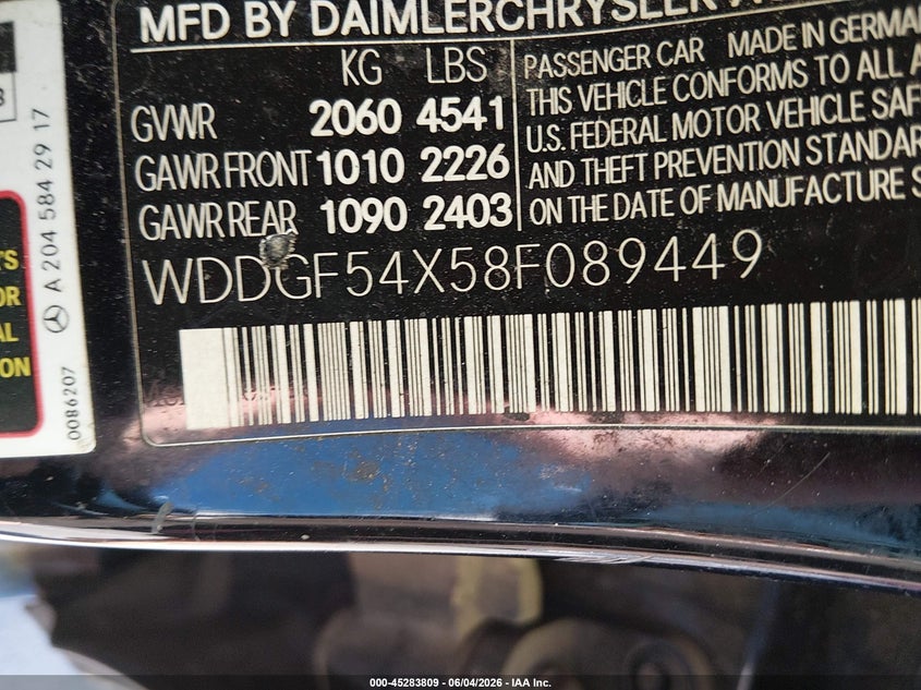 2008 Mercedes-benz C-klasse VIN WDDGF54X58F089449 IAAI salvage auction — REAR END, Salvage (North Carolina), sold $475 on 2026-07-08 (photo 9)