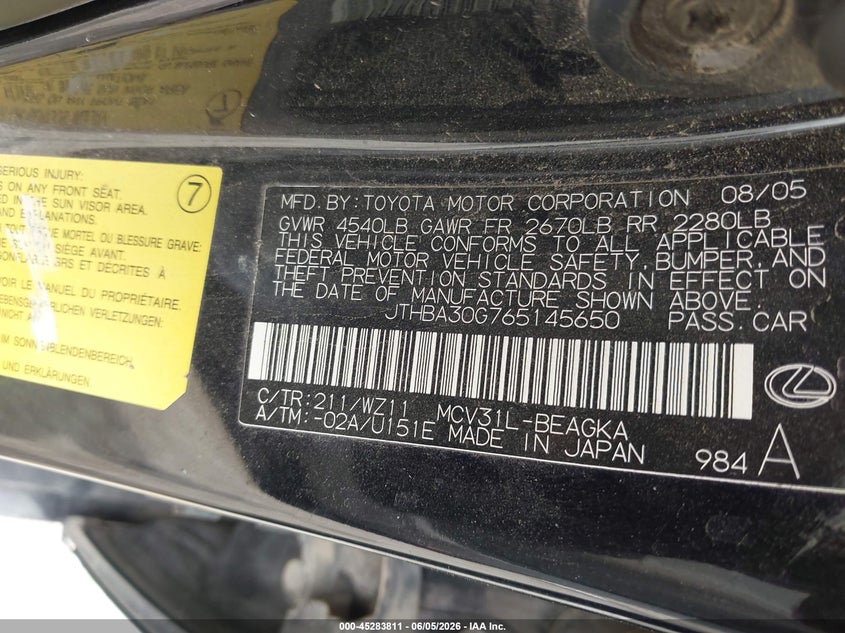 2006 Lexus Es 330 VIN JTHBA30G765145650 IAAI salvage auction — FRONT END, Salvage (Texas), sold $700 on 2026-07-07 (photo 9)