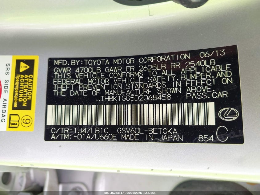 2013 Lexus ES VIN JTHBK1GG5D2068458 IAAI salvage auction — LEFT FRONT, Original (Texas), sold $3,300 on 2026-07-23 (photo 9)