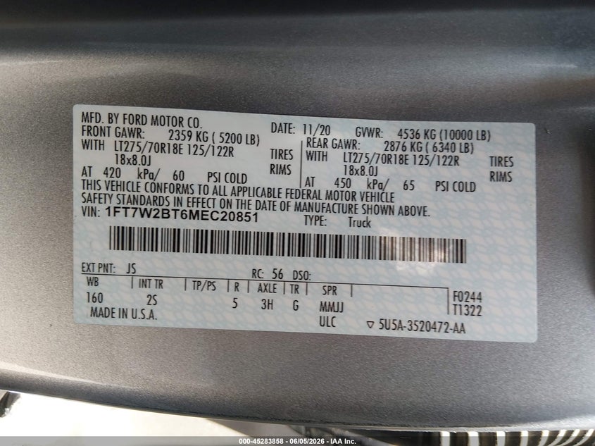 2021 Ford F250 VIN 1FT7W2BT6MEC20851 IAAI salvage auction — RIGHT FRONT, Salvage Title, sold $16,800 on 2026-07-22 (photo 9)