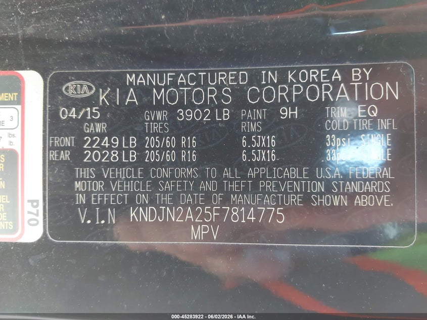 2015 Kia Soul VIN KNDJN2A25F7814775 IAAI salvage auction — NORMAL WEAR, Clear (New York), sold $600 on 2026-07-07 (photo 9)