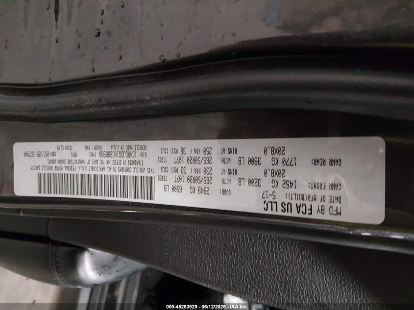 2017 Dodge Durango VIN 1C4RDJDG1HC896988 IAAI salvage auction — HAIL, Salvage Title, sold $3,900 on 2026-07-19 (photo 9)