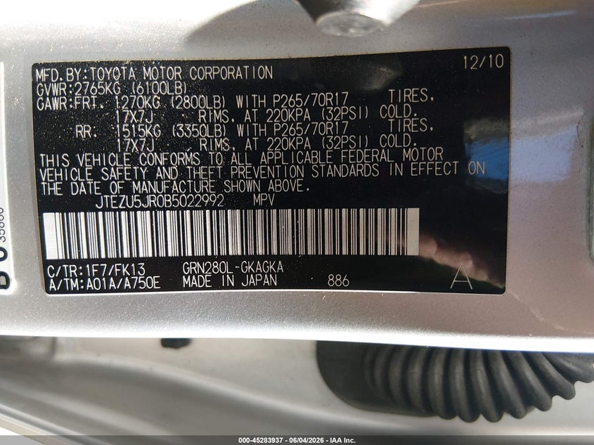 2011 Toyota 4runner VIN JTEZU5JR0B5022992 IAAI salvage auction — ELECTRICAL, Salvage (Pennsylvania), sold $5,450 on 2026-07-22 (photo 9)