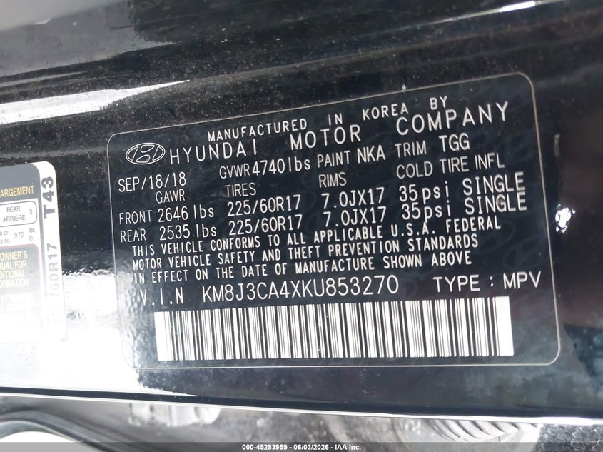 2019 Hyundai Tucson VIN KM8J3CA4XKU853270 IAAI salvage auction — FRONT END, Salvage Title, sold $3,100 on 2026-07-15 (photo 9)