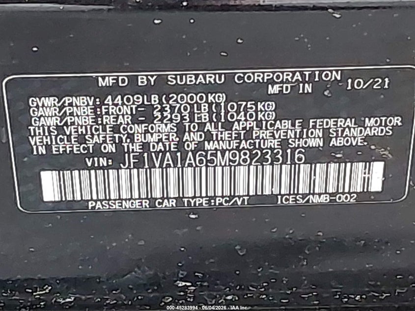 2021 Subaru Wrx VIN JF1VA1A65M9823316 IAAI salvage auction — FRONT END, Salvage Title, sold $4,700 on 2026-07-15 (photo 9)