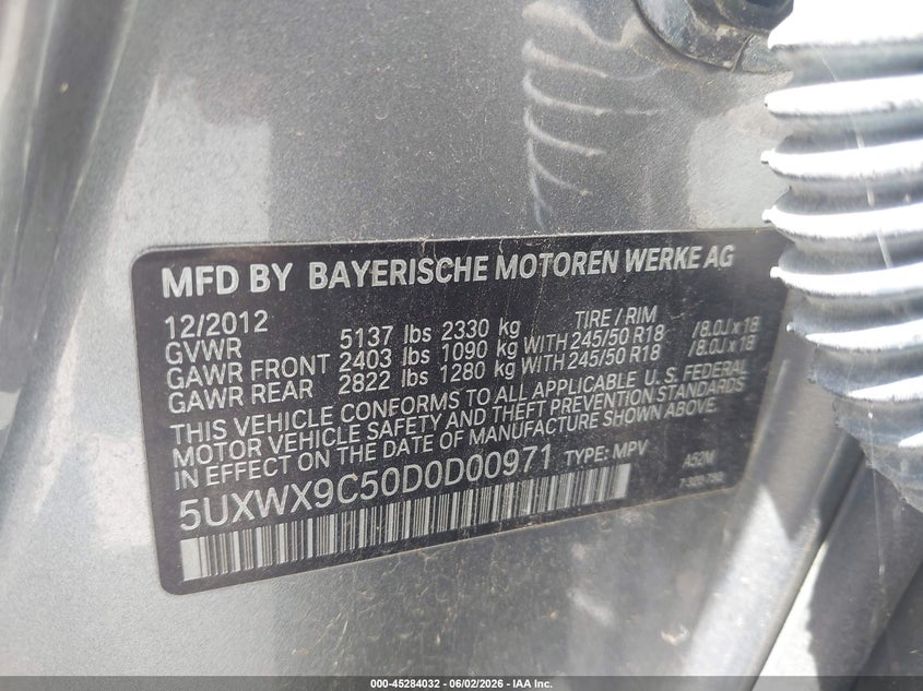 2013 BMW X3 VIN 5UXWX9C50D0D00971 IAAI salvage auction — NORMAL WEAR, Original (Texas), sold $675 on 2026-07-08 (photo 9)