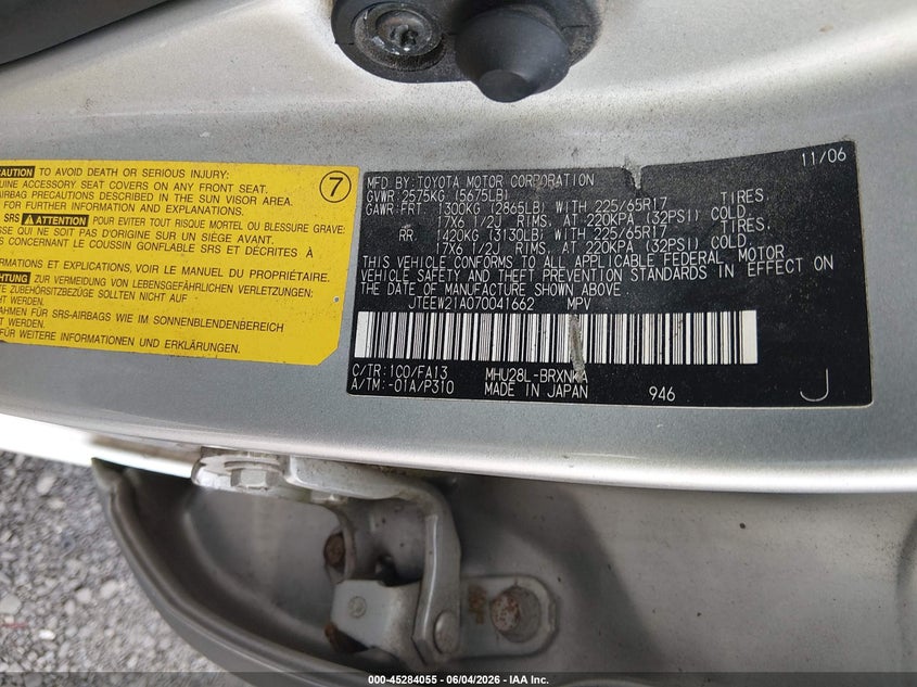 2007 Toyota Highlander hybrid VIN JTEEW21A070041662 IAAI salvage auction — NORMAL WEAR, Clear (New York), sold $675 on 2026-07-20 (photo 9)