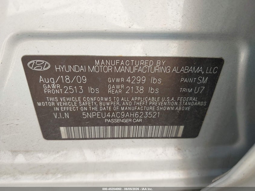 2010 Hyundai Sonata VIN 5NPEU4AC9AH623521 IAAI salvage auction — LEFT FRONT, Salvage (Ohio), sold $800 on 2026-07-27 (photo 9)