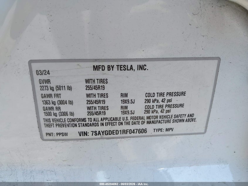 2024 Tesla Model y VIN 7SAYGDED1RF047606 IAAI salvage auction — FRONT END, Original (Texas), sold $12,500 on 2026-08-27 (photo 9)