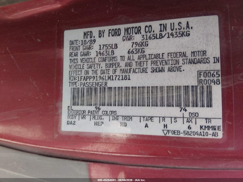 1990 Ford Escort VIN 1FAPP9196LW172181 IAAI salvage auction — NORMAL WEAR, Clear (Montana), sold $200 on 2026-07-08 (photo 9)