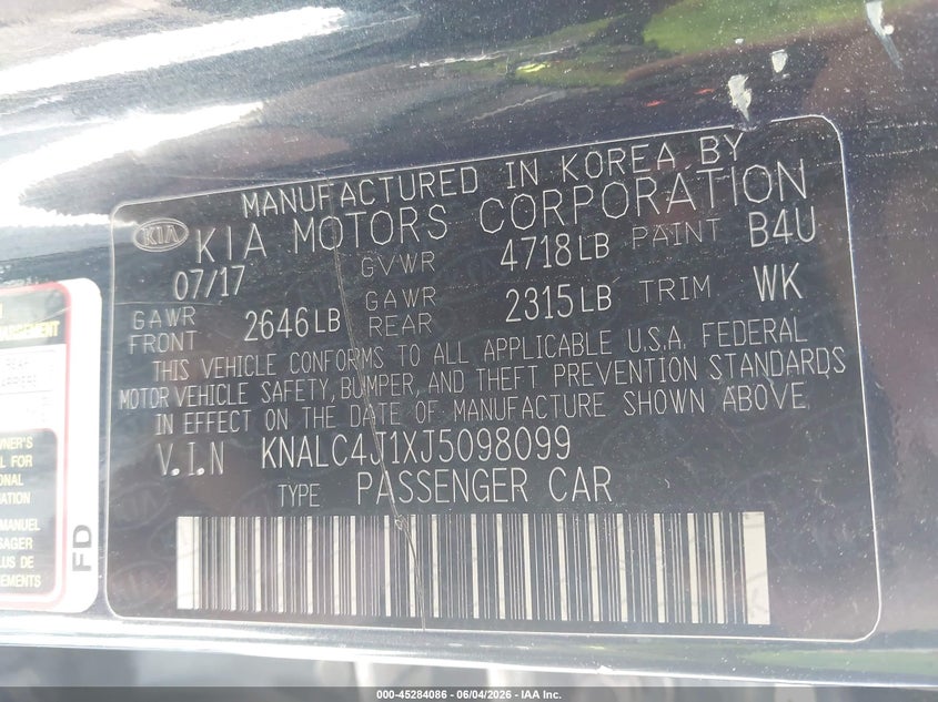 2018 Kia Cadenza VIN KNALC4J1XJ5098099 IAAI salvage auction — REAR END, Salvage (Ohio), sold $2,200 on 2026-07-29 (photo 9)