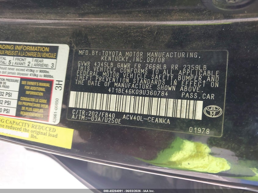 2009 Toyota Camry VIN 4T1BE46K09U360784 IAAI salvage auction — NORMAL WEAR, Original (Texas), sold $725 on 2026-07-10 (photo 9)