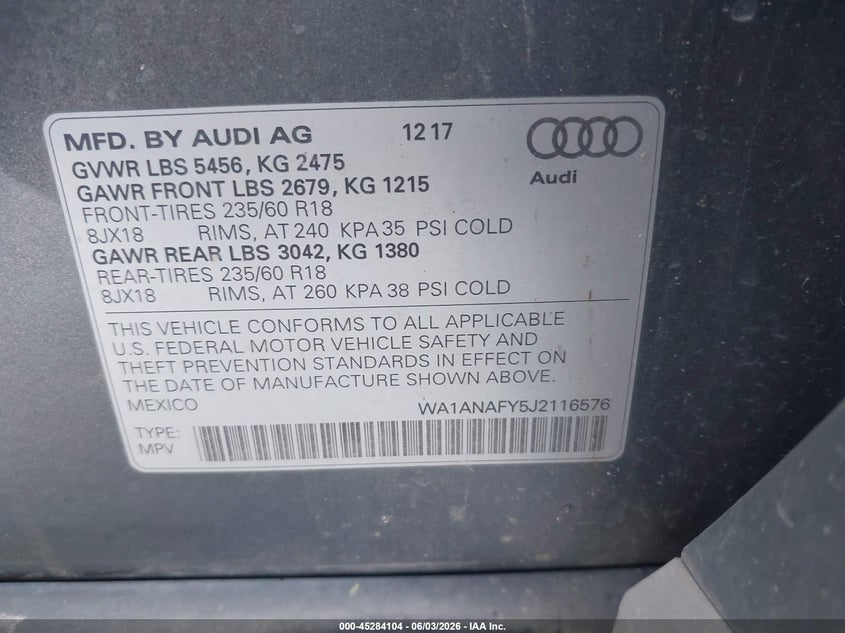 2018 Audi Q5 VIN WA1ANAFY5J2116576 IAAI salvage auction — FRONT END, Clear (Virginia), sold $5,500 on 2026-07-28 (photo 9)