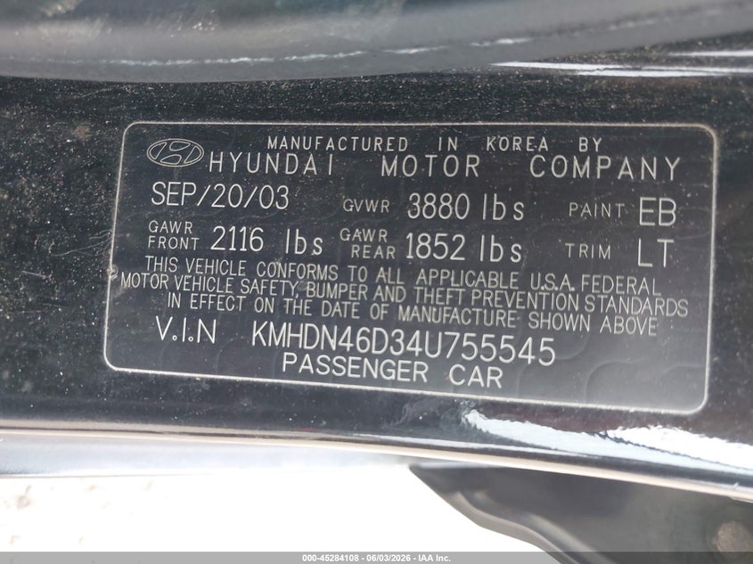 2004 Hyundai Elantra VIN KMHDN46D34U755545 IAAI salvage auction — NORMAL WEAR, Clear (Michigan), sold $275 on 2026-07-30 (photo 9)