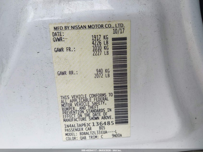 2018 Nissan Altima VIN 1N4AL3AP6JC136485 IAAI salvage auction — RIGHT SIDE, Salvage Title, sold $3,450 on 2026-07-28 (photo 9)