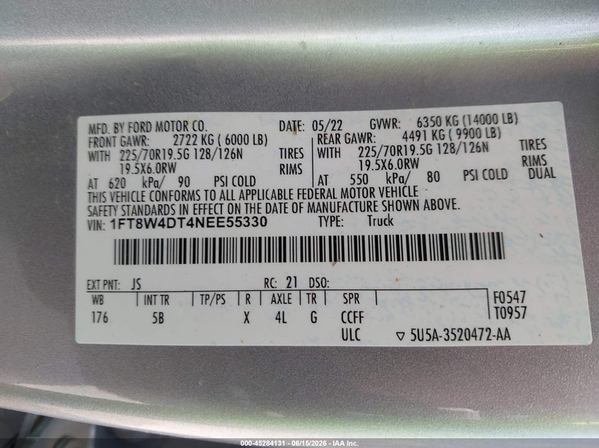 2022 Ford F450 VIN 1FT8W4DT4NEE55330 IAAI salvage auction — FRESH WATER, Salvage (Tennessee), sold $18,450 on 2026-07-22 (photo 8)
