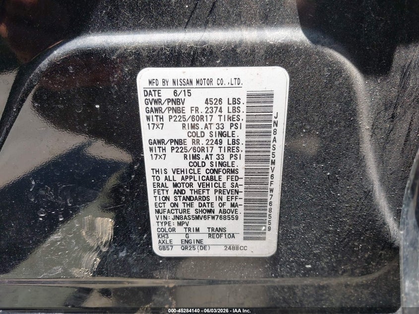 2015 Nissan Rogue VIN JN8AS5MV6FW768559 IAAI salvage auction — SIDE, Salvage Title, sold $500 on 2026-07-22 (photo 9)