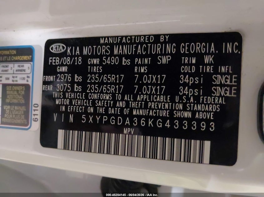 2019 Kia Sorento VIN 5XYPGDA36KG433393 IAAI salvage auction — RIGHT REAR, Salvage Title, sold $3,150 on 2026-07-16 (photo 9)