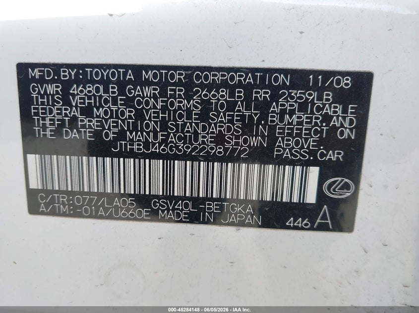 2009 Lexus Es 350 VIN JTHBJ46G392298772 IAAI salvage auction — FRONT END, Salvage (Illinois), sold $2,400 on 2026-07-14 (photo 9)
