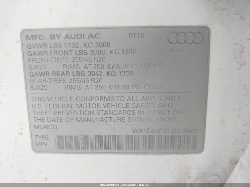 2018 Audi Sq5 VIN WA1C4AFY7J2119409 IAAI salvage auction — FRONT END, Wait Title, sold $3,875 on 2026-09-01 (photo 9)