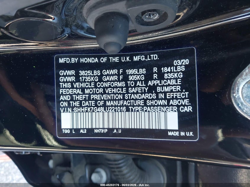 2020 Honda Civic VIN SHHFK7G48LU221016 IAAI salvage auction — SIDE, Salvage Title, sold $4,950 on 2026-07-11 (photo 9)