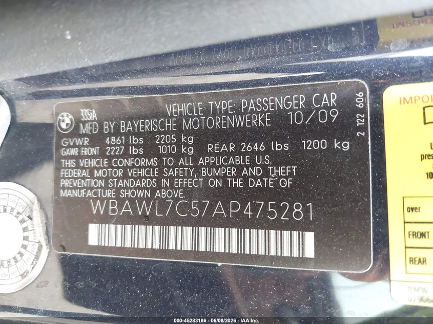 2010 BMW 3 series VIN WBAWL7C57AP475281 IAAI salvage auction — ROLLOVER, Clear (Indiana), sold $775 on 2026-07-08 (photo 9)