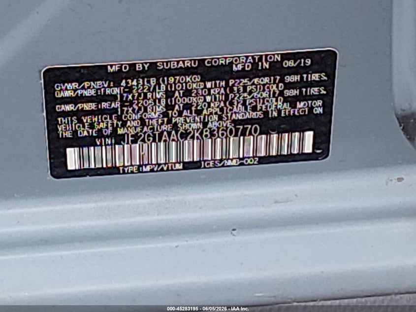 2019 Subaru Xv VIN JF2GTAAC2K8360770 IAAI salvage auction — RIGHT FRONT, Salvage Title, sold $3,500 on 2026-07-08 (photo 9)