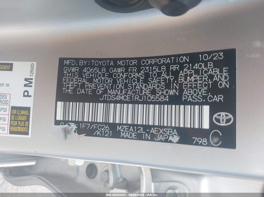 2024 Toyota Corolla VIN JTDS4MCE1RJ105584 IAAI salvage auction — FRONT END, Salvage Title, sold $6,175 on 2026-07-15 (photo 9)