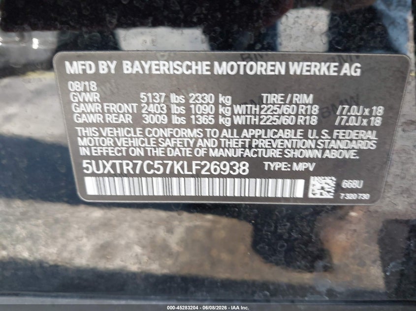 2019 BMW X3 VIN 5UXTR7C57KLF26938 IAAI salvage auction — RIGHT SIDE, Salvage Title, sold $5,300 on 2026-07-09 (photo 9)