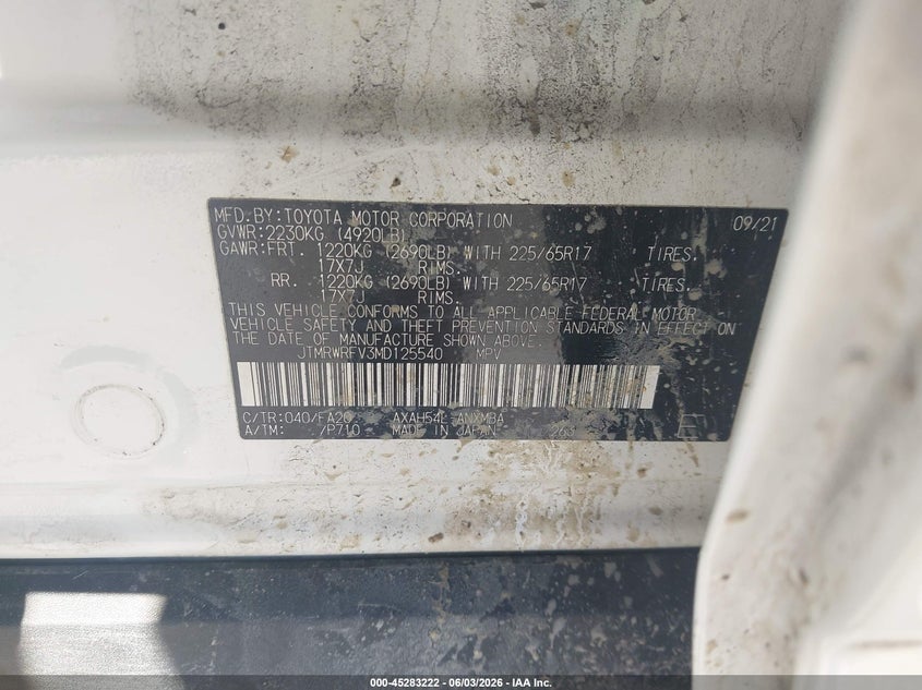 2021 Toyota Rav 4 VIN JTMRWRFV3MD125540 IAAI salvage auction — ROLLOVER, Salvage Title, sold $1,900 on 2026-07-16 (photo 9)