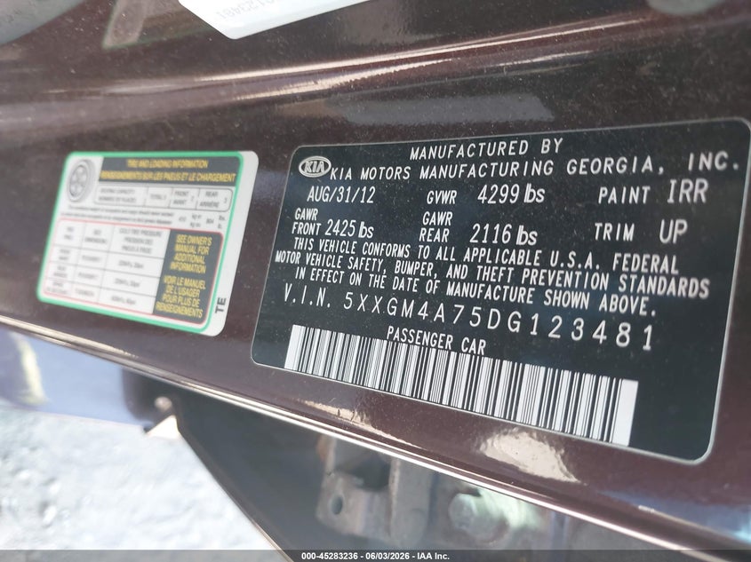 2013 Kia Optima VIN 5XXGM4A75DG123481 IAAI salvage auction — THEFT, Salvage Title, sold $700 on 2026-07-09 (photo 9)
